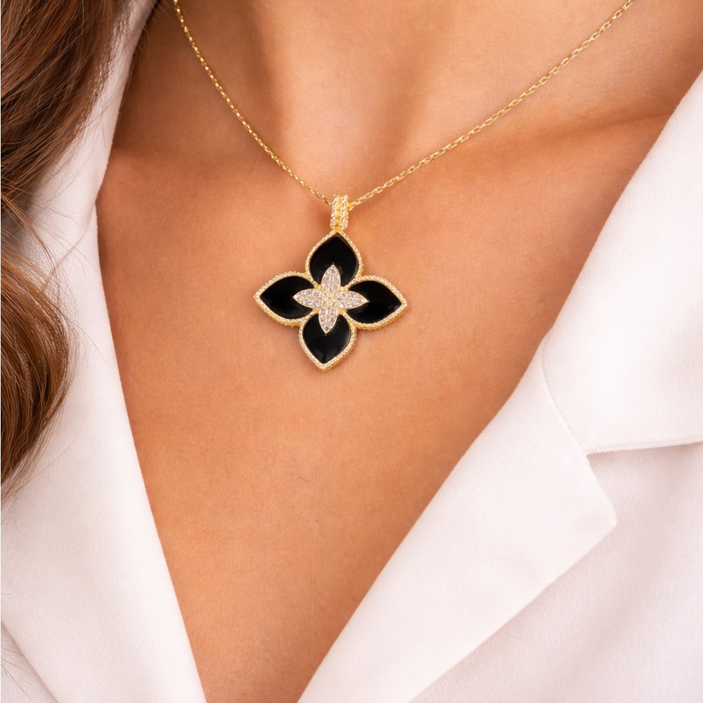 Elegant Black Clover Adjustable Necklace | 18K Gold Filled | AAA CZ